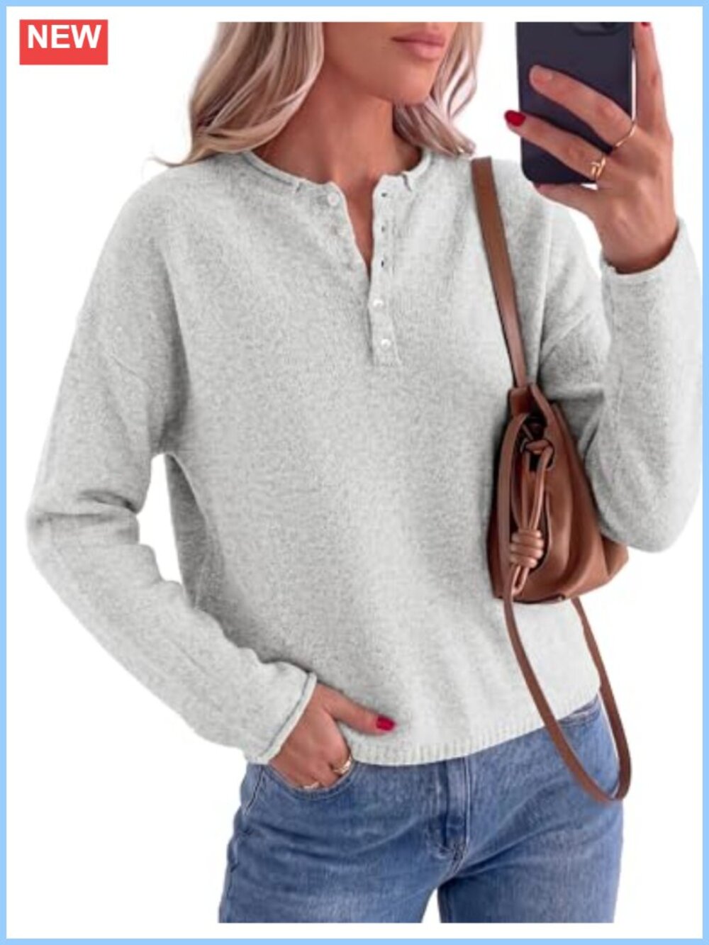 Cozy Henley Pullover Sweater Loose Fit Long Sleeve